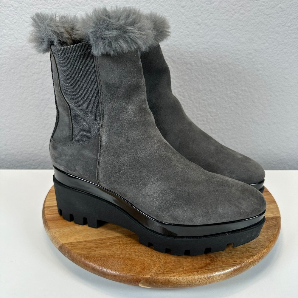DKNY BAX Wedge Platform Ankle Boots Faux Fur Trim Lug Sole Gray Size 8 Winter